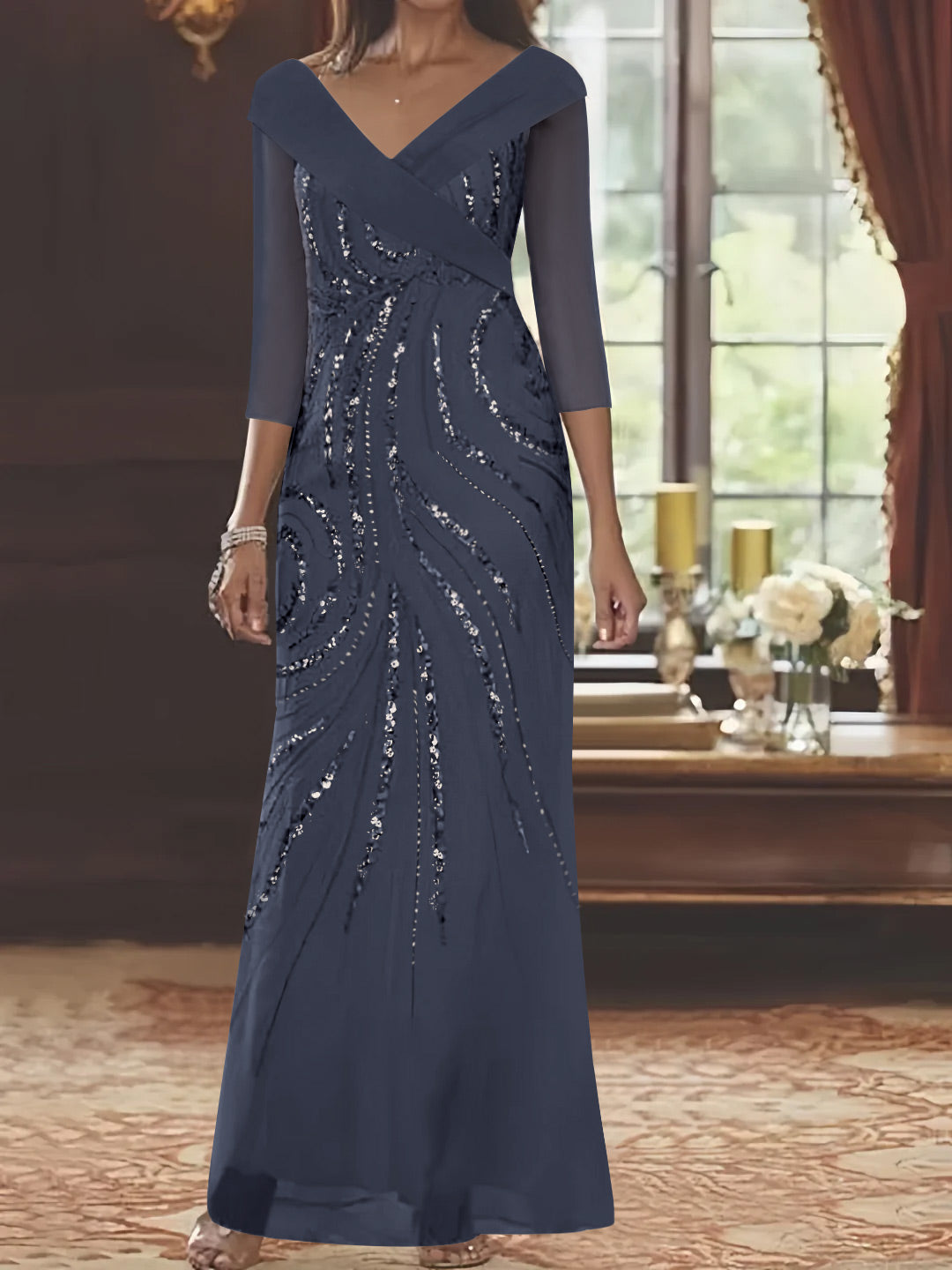 V Neck 3/4 Sleeve Long Sequined Mother of the Bride Sheath Dress