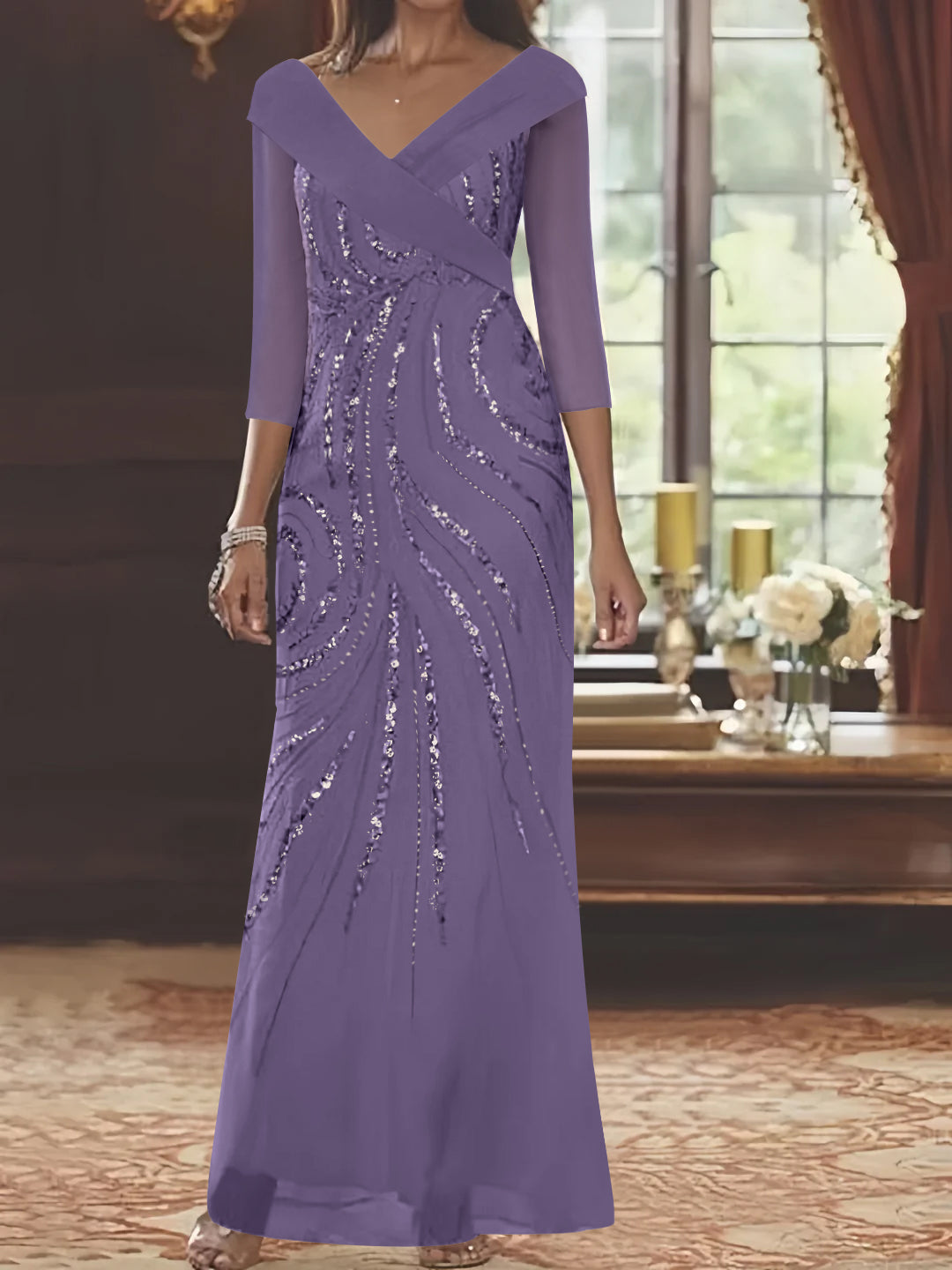V Neck 3/4 Sleeve Long Sequined Mother of the Bride Sheath Dress