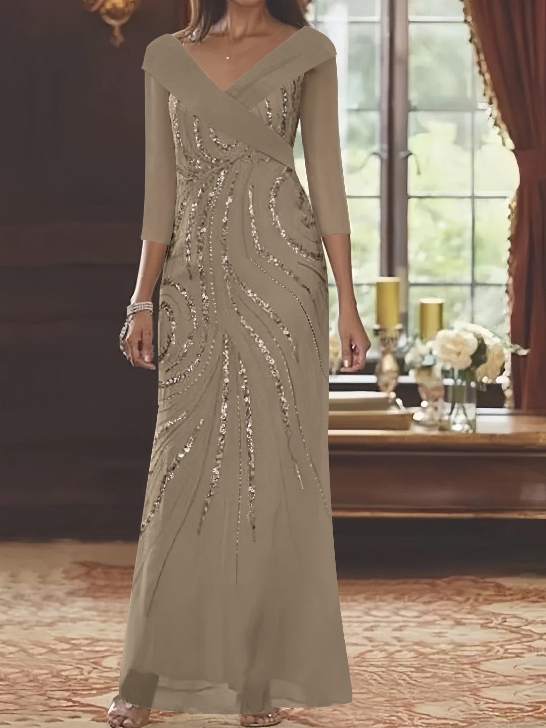 V Neck 3/4 Sleeve Long Sequined Mother of the Bride Sheath Dress