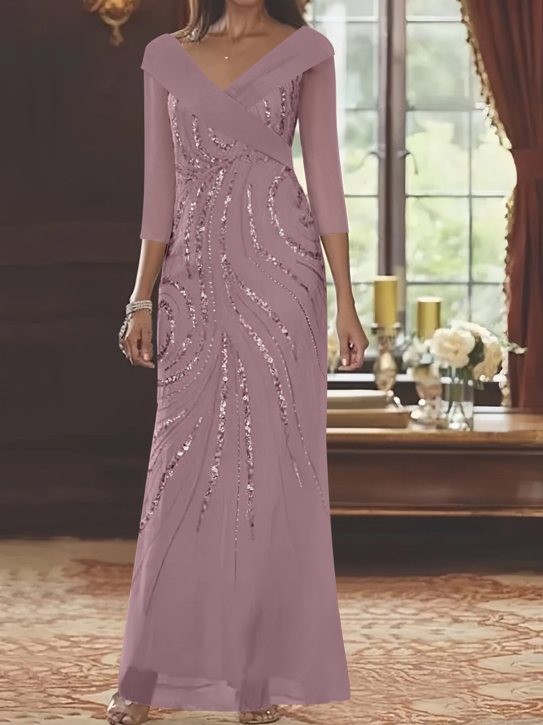 V Neck 3/4 Sleeve Long Sequined Mother of the Bride Sheath Dress
