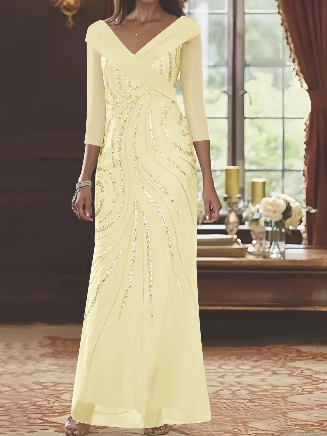 V Neck 3/4 Sleeve Long Sequined Mother of the Bride Sheath Dress