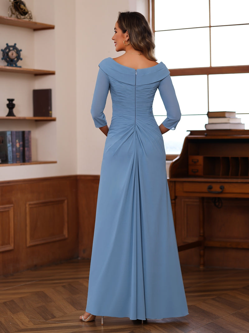 V Neck 3/4 Sleeve Long Sheath Column Mother of the Bride Dress with Ruffles & Appliques