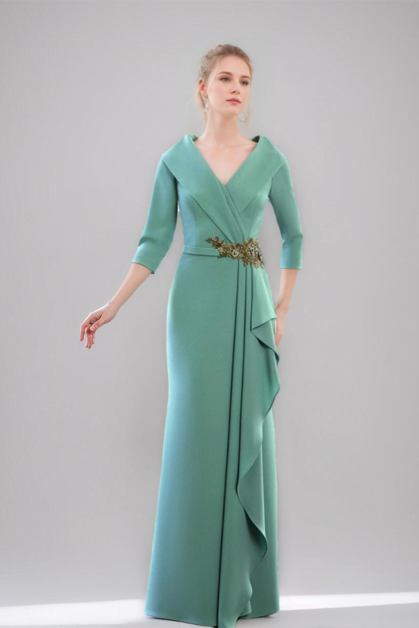 V Neck 3/4 Sleeve Long Sheath Column Mother of the Bride Dress with Ruffles & Jewel Appliques