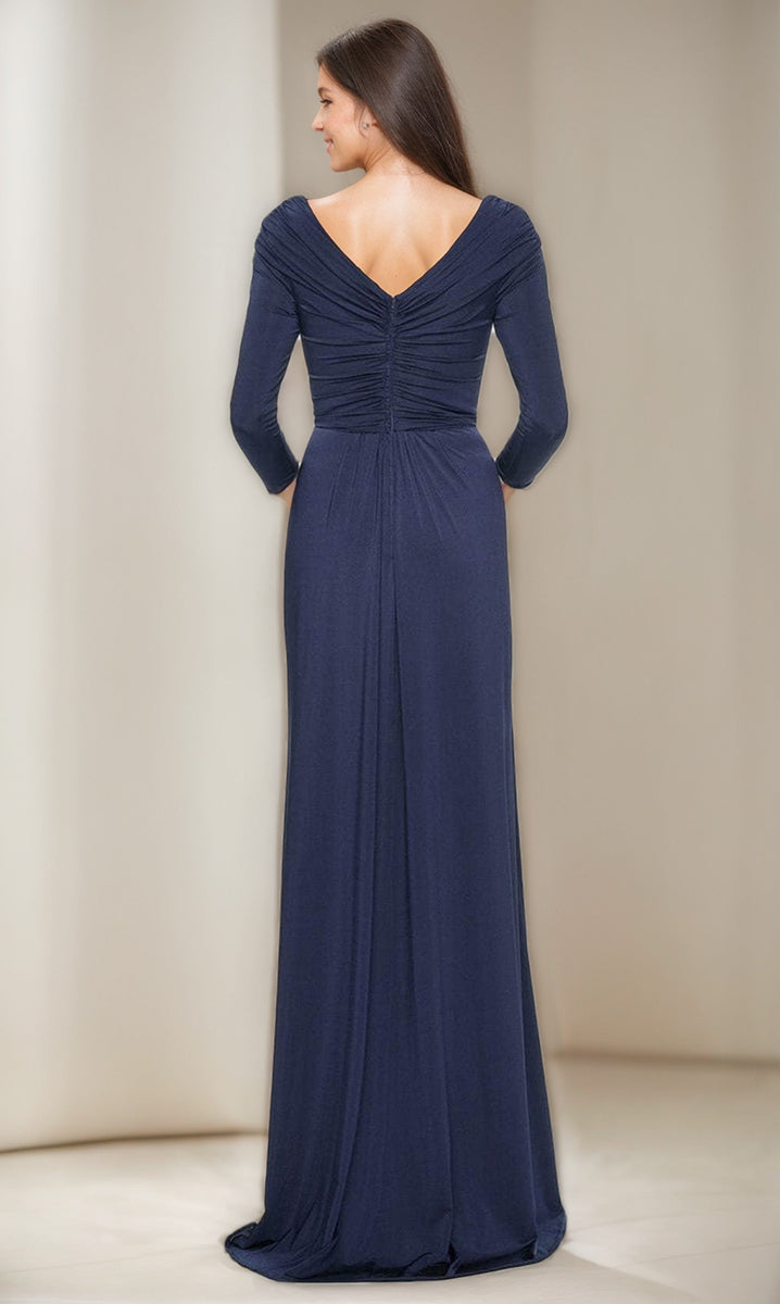 V Neck 3/4 Sleeve Ruched Sheath Dress with Ruffles for Mothers of the Bride & Groom