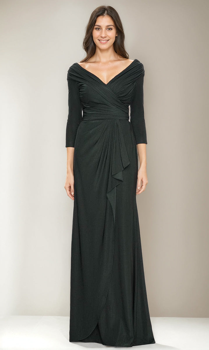 V Neck 3/4 Sleeve Ruched Sheath Dress with Ruffles for Mothers of the Bride & Groom