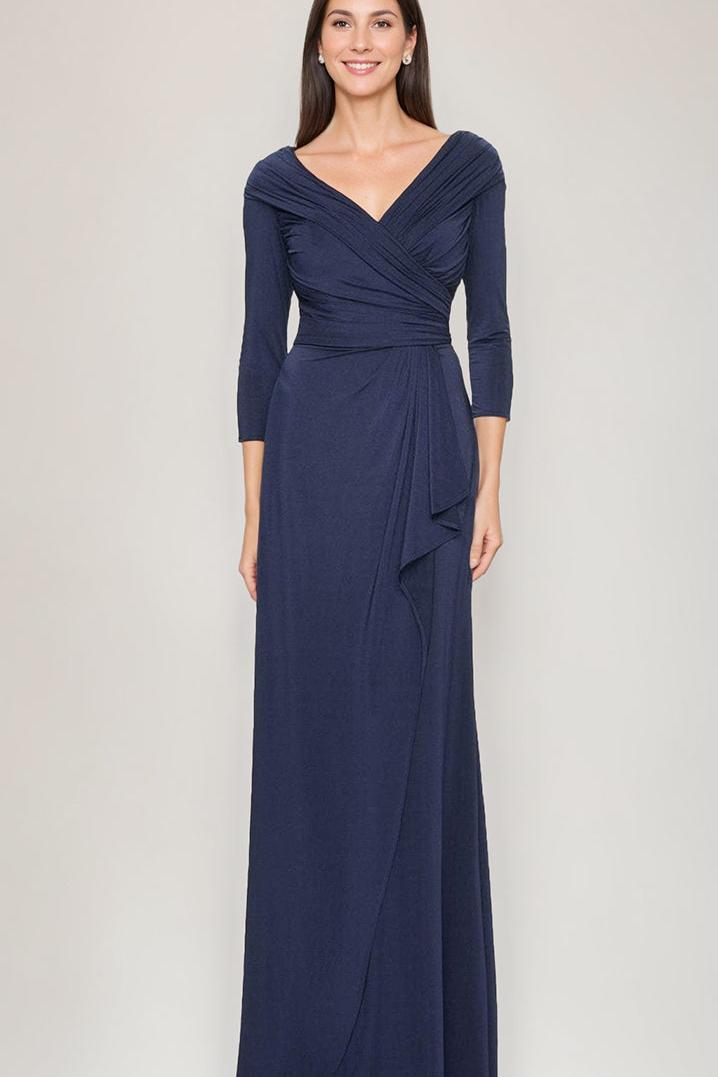 V Neck 3/4 Sleeve Ruched Sheath Dress with Ruffles for Mothers of the Bride & Groom
