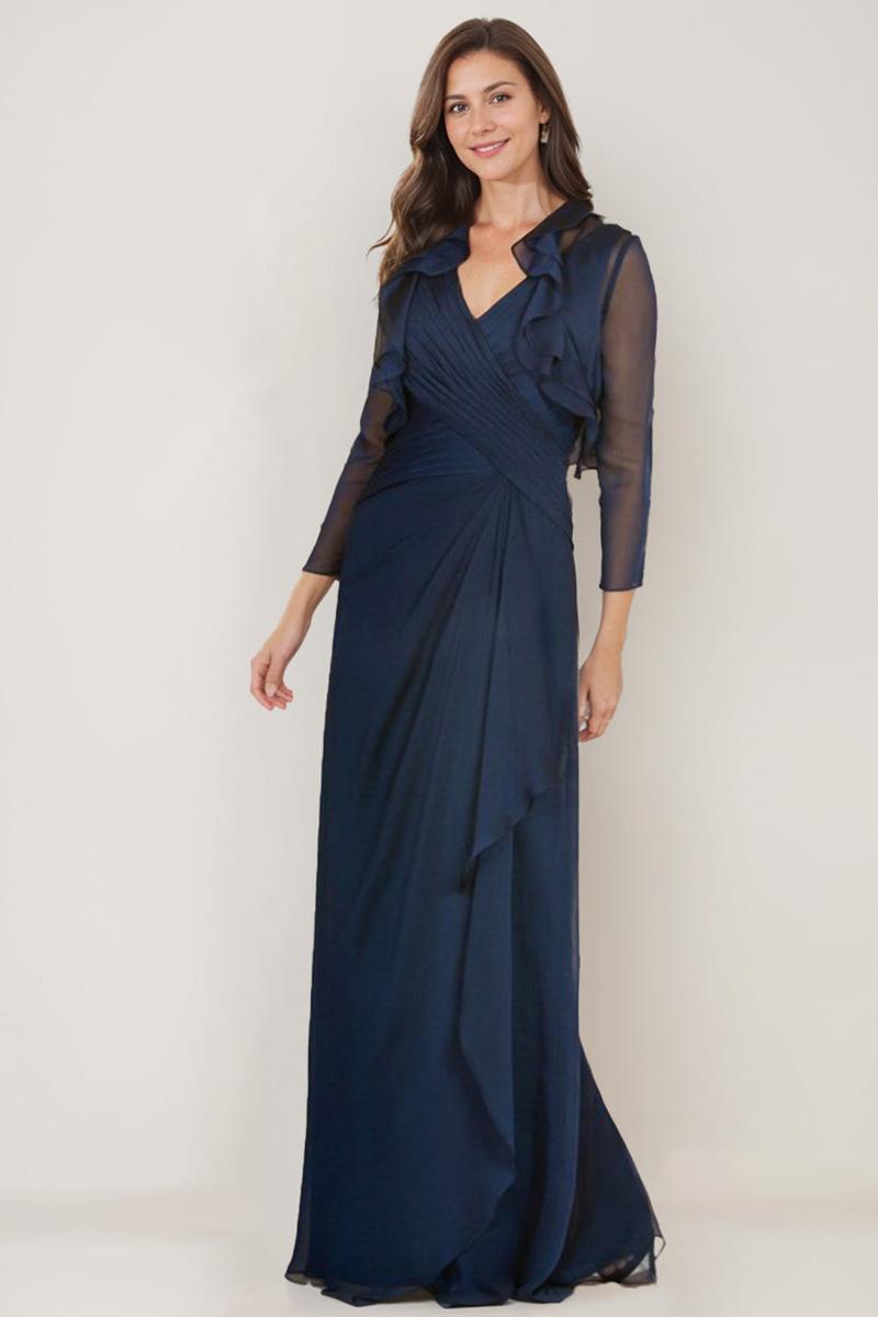 V Neck 3/4 Sleeve Sheath Dress with Ruffles and Jacket for the Mother of the Bride