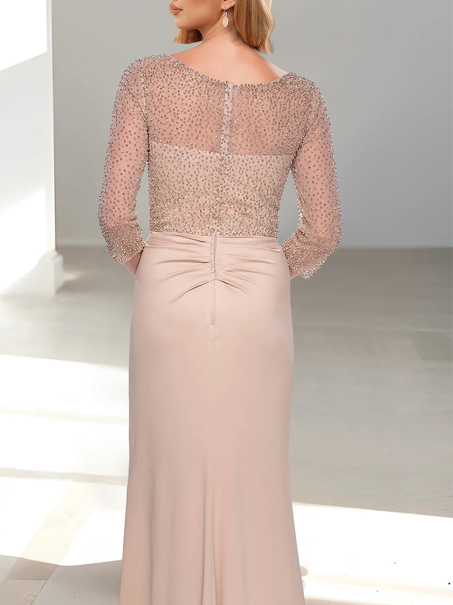 V Neck 3/4 Sleeve Trumpet Mermaid Mother of the Bride Dress with Beading