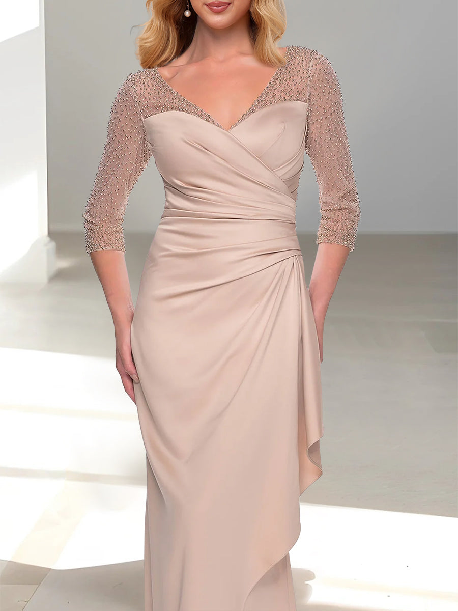 V Neck 3/4 Sleeve Trumpet Mermaid Mother of the Bride Dress with Beading