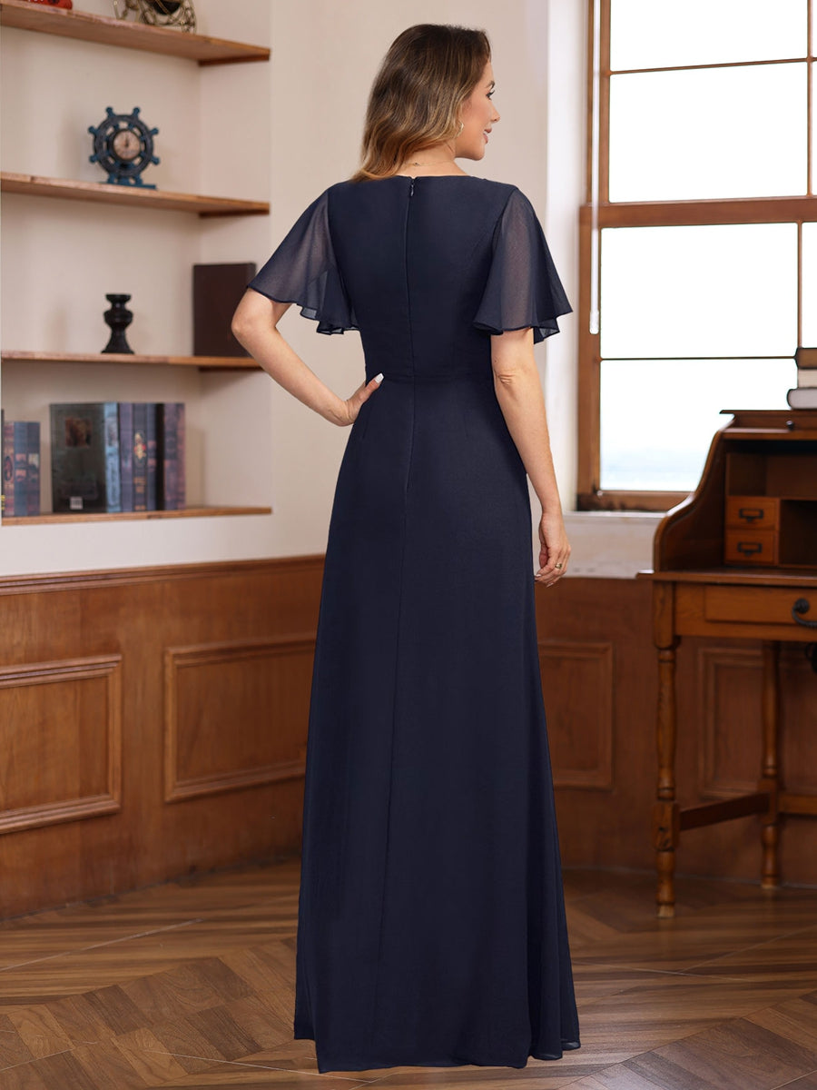 V Neck A Line Chiffon Dress with Short Sleeves Ruffles & Appliques for the Mother of the Bride or Groom