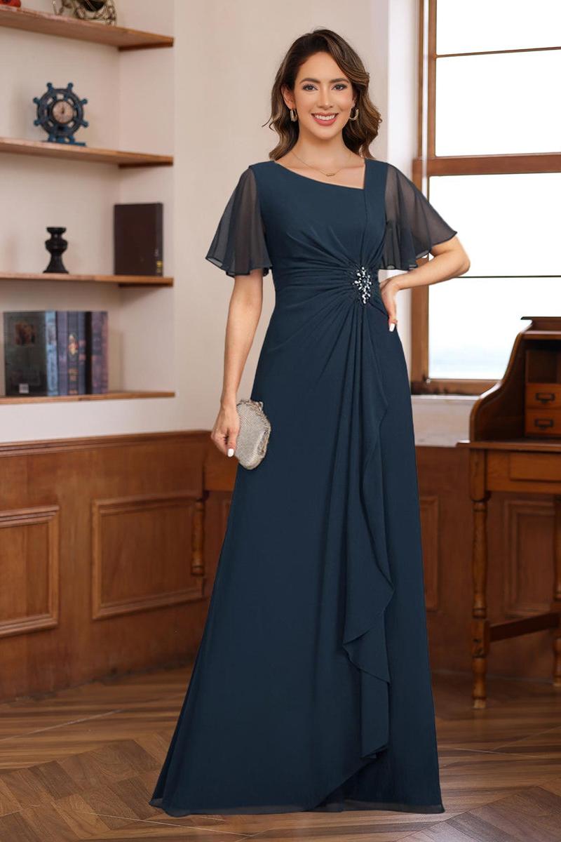 V Neck A Line Chiffon Dress with Short Sleeves Ruffles & Appliques for the Mother of the Bride or Groom