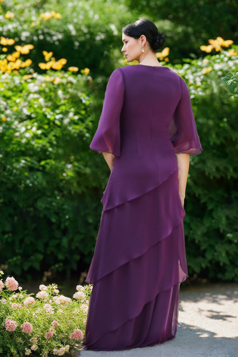 V Neck A Line Chiffon Mother of the Bride Dress with 3/4 Sleeves and Ruffles