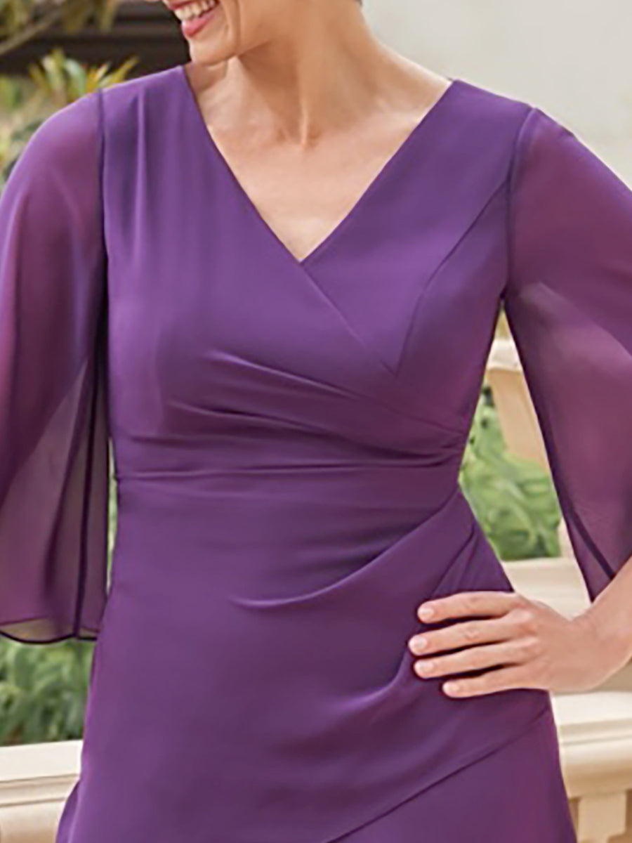 V Neck A Line Chiffon Mother of the Bride Dress with 3/4 Sleeves and Ruffles