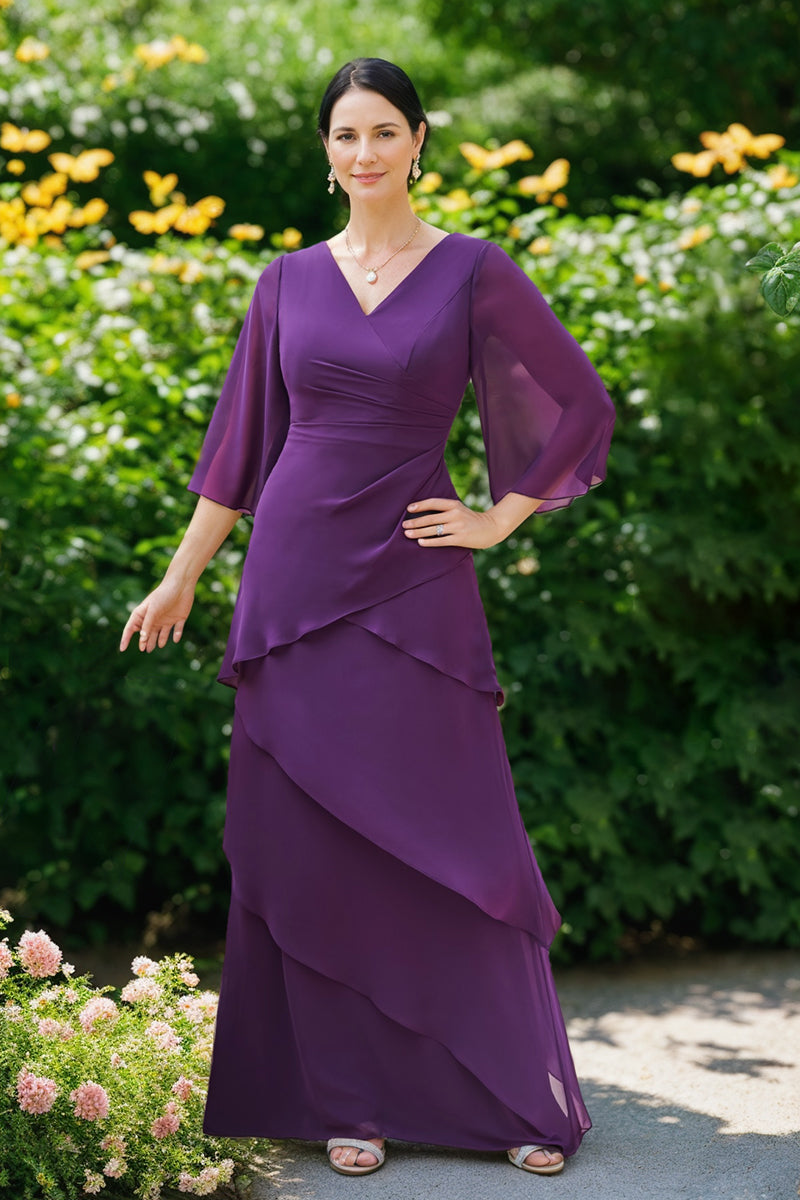 V Neck A Line Chiffon Mother of the Bride Dress with 3/4 Sleeves and Ruffles