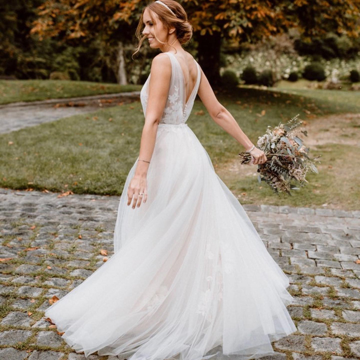 V Neck A Line Open Back Wedding Dress With Lace