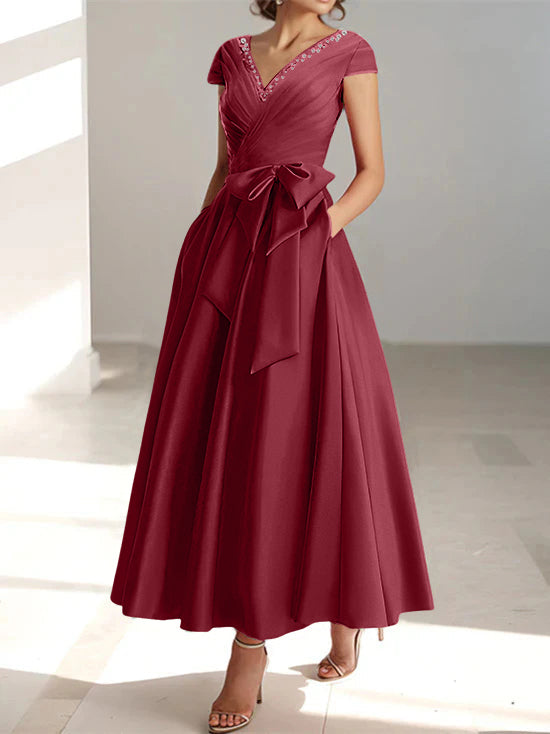 V Neck A Line Ankle Length Mother of the Bride Dress With Short Sleeves Pockets & Ruffles