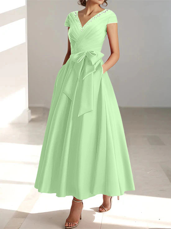 V Neck A Line Ankle Length Mother of the Bride Dress With Short Sleeves Pockets & Ruffles