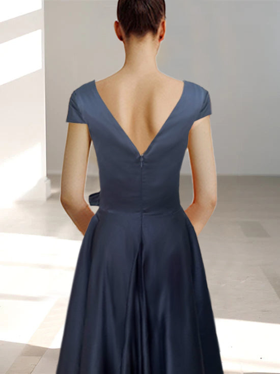 V Neck A Line Ankle Length Mother of the Bride Dress With Short Sleeves Pockets & Ruffles
