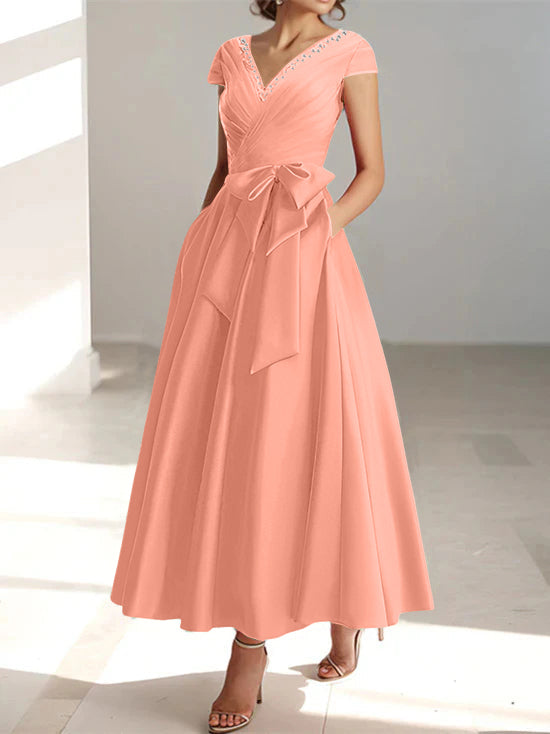 V Neck A Line Ankle Length Mother of the Bride Dress With Short Sleeves Pockets & Ruffles