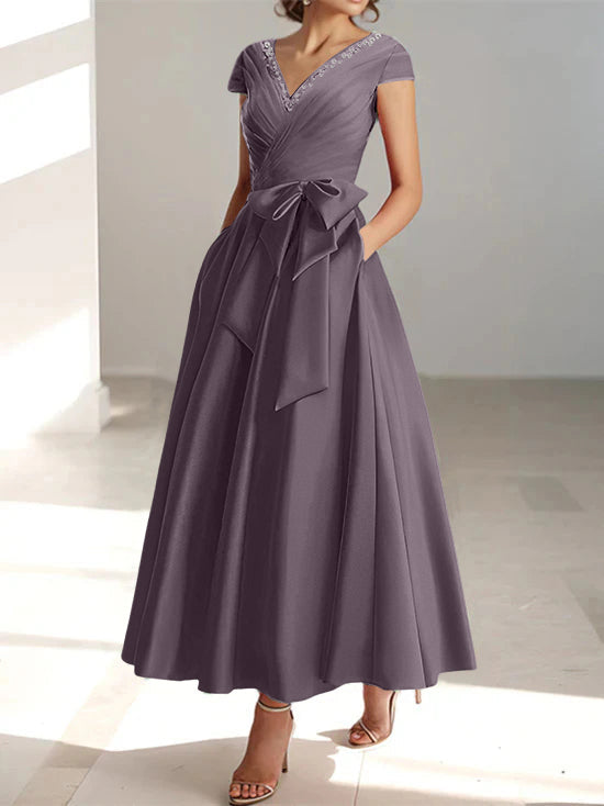 V Neck A Line Ankle Length Mother of the Bride Dress With Short Sleeves Pockets & Ruffles