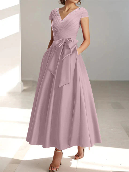 V Neck A Line Ankle Length Mother of the Bride Dress With Short Sleeves Pockets & Ruffles