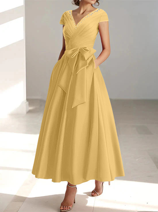 V Neck A Line Ankle Length Mother of the Bride Dress With Short Sleeves Pockets & Ruffles