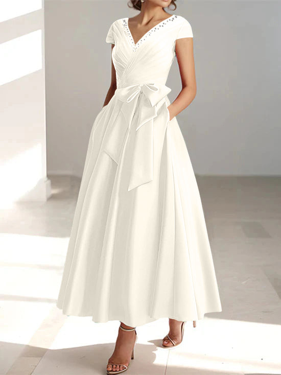 V Neck A Line Ankle Length Mother of the Bride Dress With Short Sleeves Pockets & Ruffles