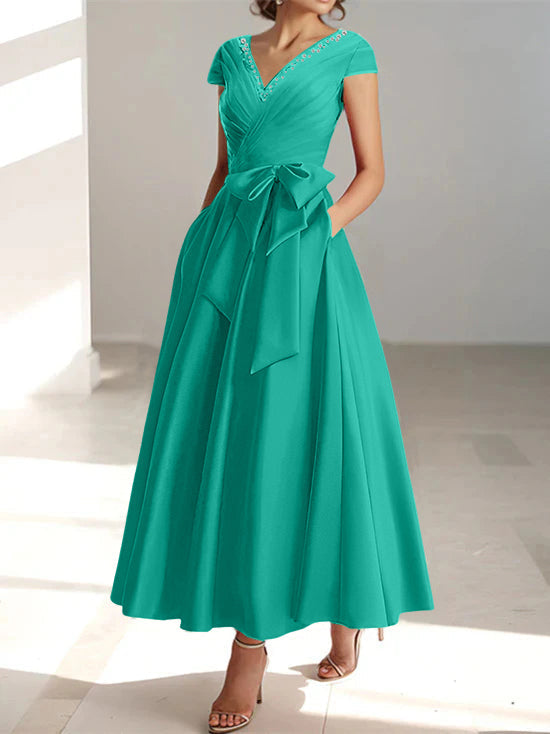 V Neck A Line Ankle Length Mother of the Bride Dress With Short Sleeves Pockets & Ruffles