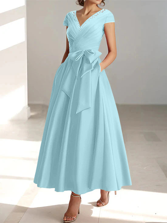 V Neck A Line Ankle Length Mother of the Bride Dress With Short Sleeves Pockets & Ruffles