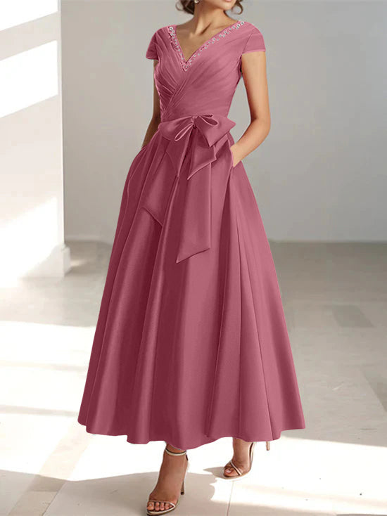 V Neck A Line Ankle Length Mother of the Bride Dress With Short Sleeves Pockets & Ruffles