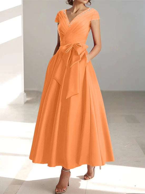 V Neck A Line Ankle Length Mother of the Bride Dress With Short Sleeves Pockets & Ruffles