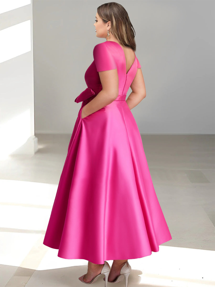 V Neck A Line Ankle Length Mother of the Bride Dress With Short Sleeves Pockets & Ruffles