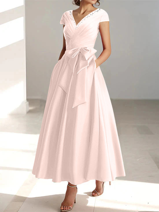 V Neck A Line Ankle Length Mother of the Bride Dress With Short Sleeves Pockets & Ruffles