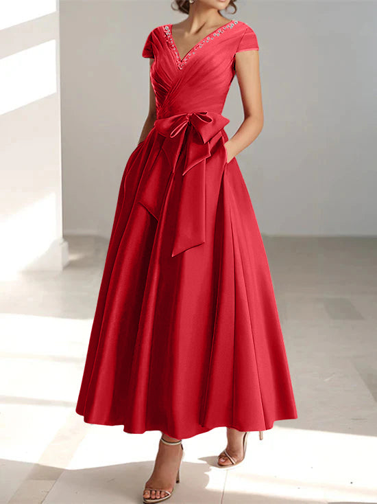 V Neck A Line Ankle Length Mother of the Bride Dress With Short Sleeves Pockets & Ruffles