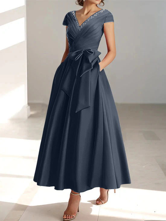 V Neck A Line Ankle Length Mother of the Bride Dress With Short Sleeves Pockets & Ruffles
