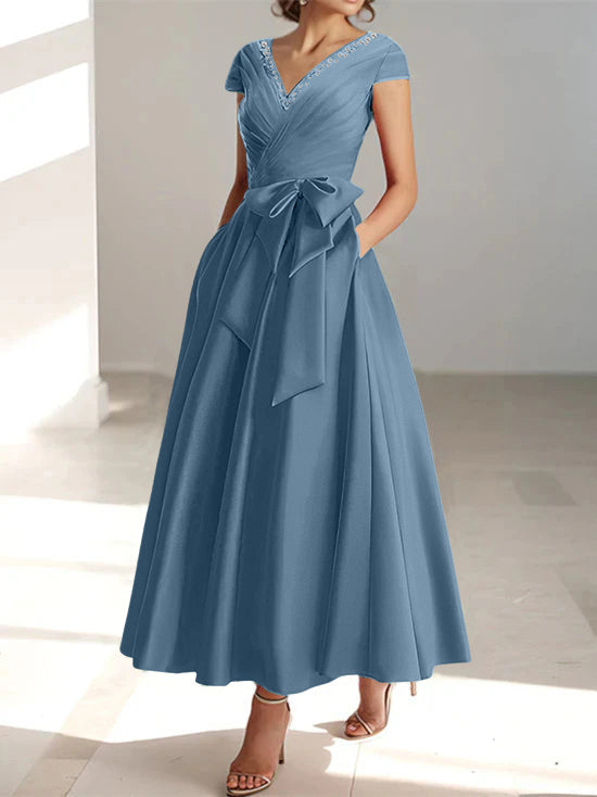 V Neck A Line Ankle Length Mother of the Bride Dress With Short Sleeves Pockets & Ruffles