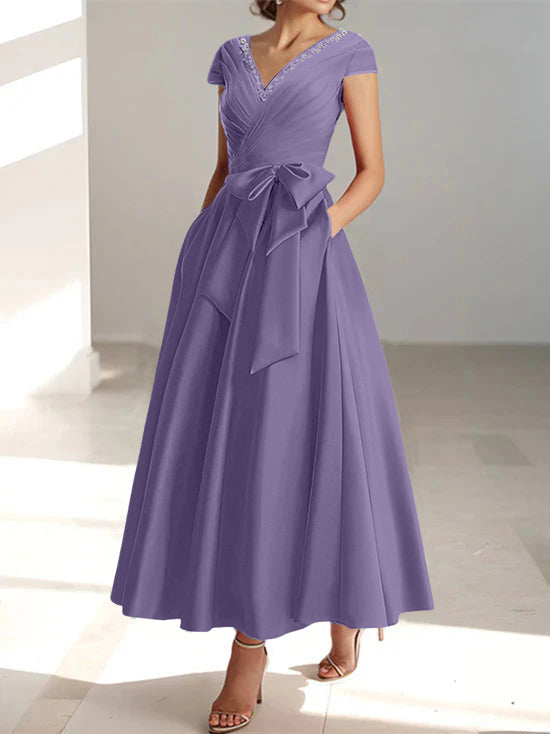 V Neck A Line Ankle Length Mother of the Bride Dress With Short Sleeves Pockets & Ruffles
