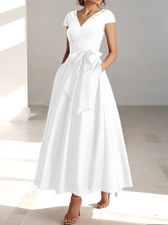 V Neck A Line Ankle Length Mother of the Bride Dress With Short Sleeves Pockets & Ruffles