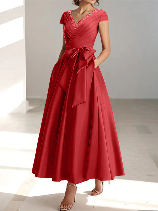 V Neck A Line Ankle Length Mother of the Bride Dress With Short Sleeves Pockets & Ruffles