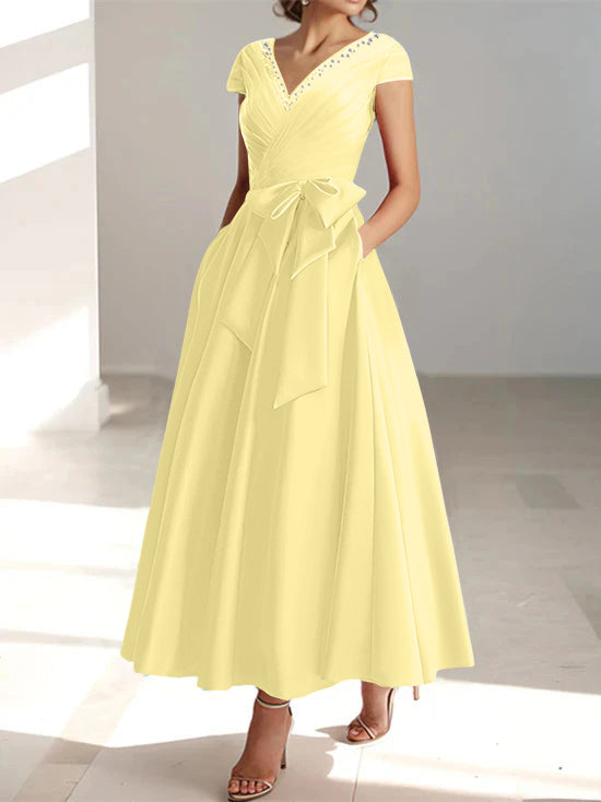 V Neck A Line Ankle Length Mother of the Bride Dress With Short Sleeves Pockets & Ruffles