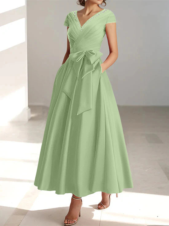 V Neck A Line Ankle Length Mother of the Bride Dress With Short Sleeves Pockets & Ruffles