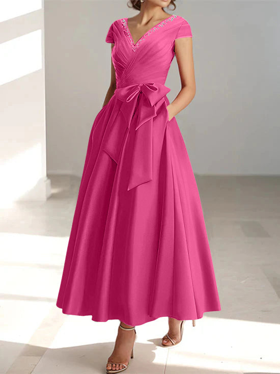 V Neck A Line Ankle Length Mother of the Bride Dress With Short Sleeves Pockets & Ruffles
