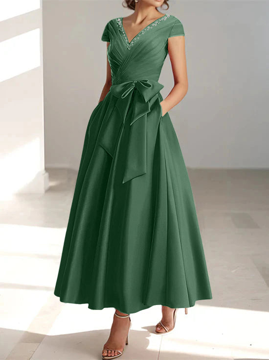 V Neck A Line Ankle Length Mother of the Bride Dress With Short Sleeves Pockets & Ruffles