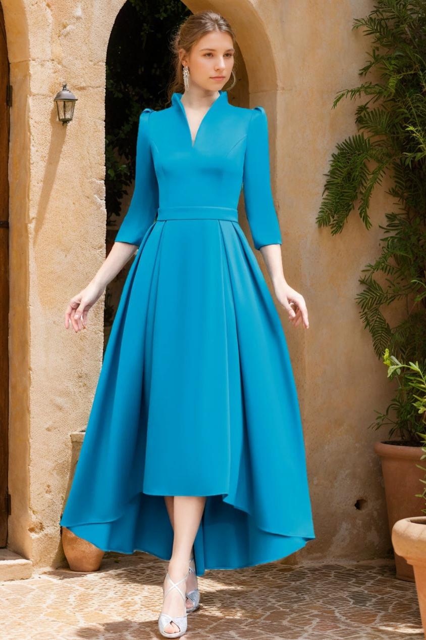 V Neck A Line Dress with 3/4 Sleeves Asymmetrical Pleats and Sash for Mother of the Bride