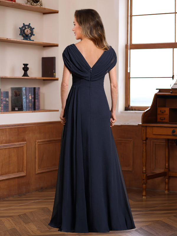 V Neck A Line Long Dress for Mothers of the Bride & Groom with Ruched Pleats Jewel Appliques & Sequins