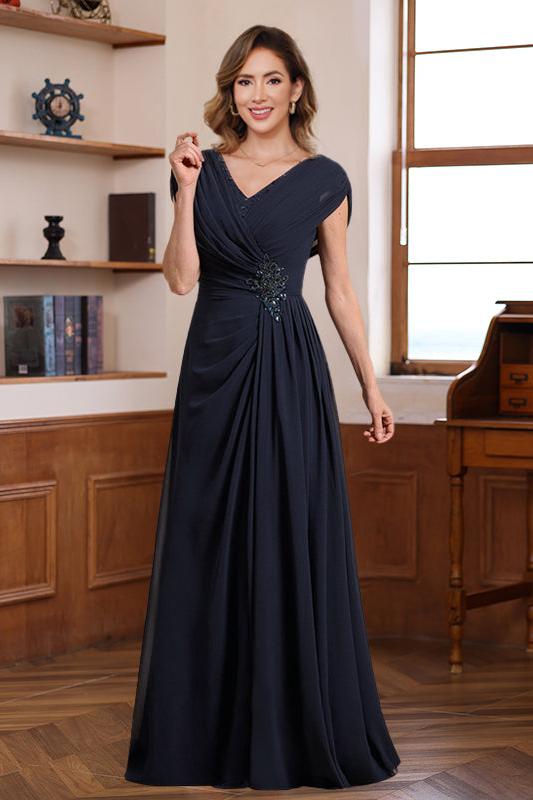 V Neck A Line Long Dress for Mothers of the Bride & Groom with Ruched Pleats Jewel Appliques & Sequins