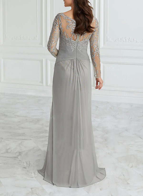 V Neck A Line Long Mother of the Bride Dress Featuring Lace Ruffle