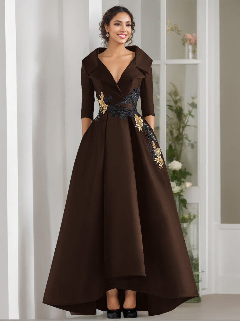 V Neck A Line Long Mother of the Bride Dress with 3/4 Sleeves Appliques and Beading