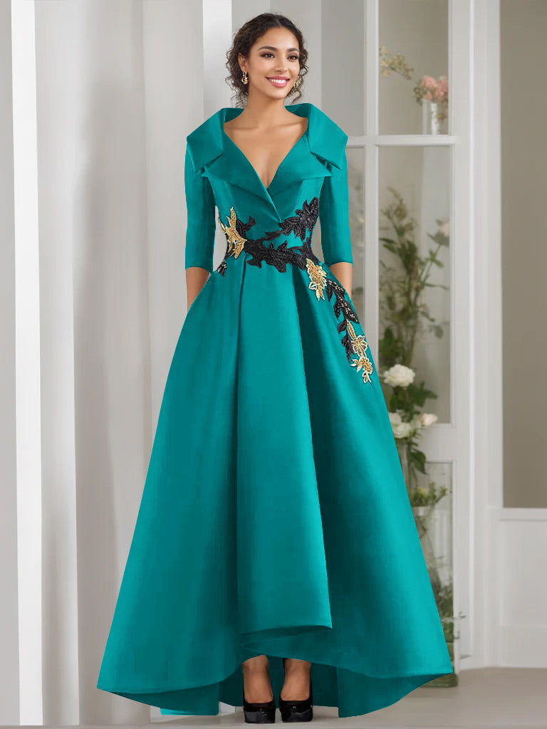 V Neck A Line Long Mother of the Bride Dress with 3/4 Sleeves Appliques and Beading