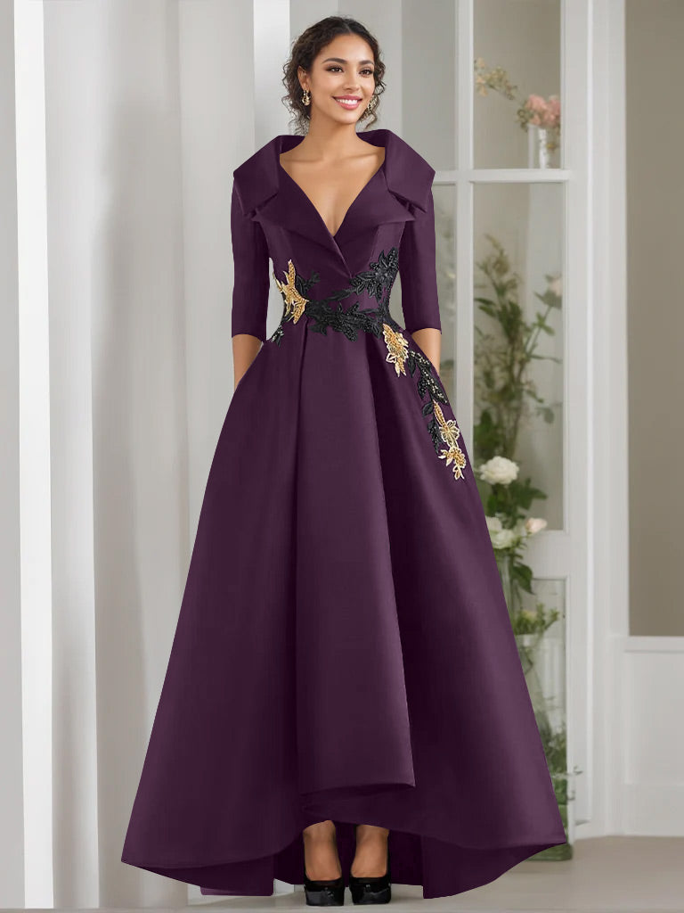 V Neck A Line Long Mother of the Bride Dress with 3/4 Sleeves Appliques and Beading